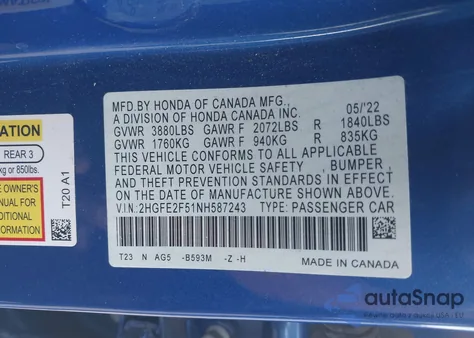 2022 Honda Civic Sport from USA, damaged, VIN 2HGFE2F51NH587243